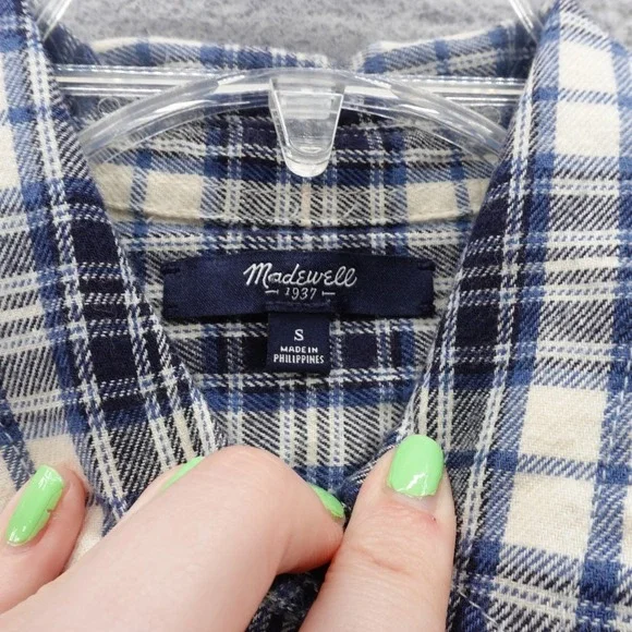 Madewell Slim Fit Ex Boyfriend Flannel Shirt Small Blue Ivory Plaid Women Casual - Picture 5 of 9